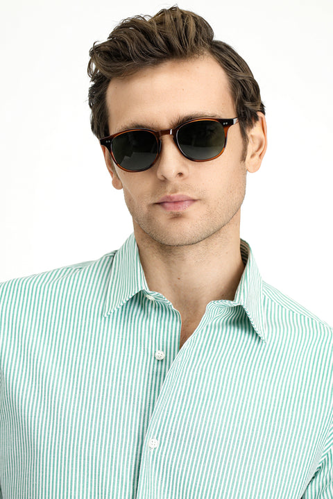 Grass Green Long Sleeve Regular Fit Striped Cotton Easy-Iron Shirt