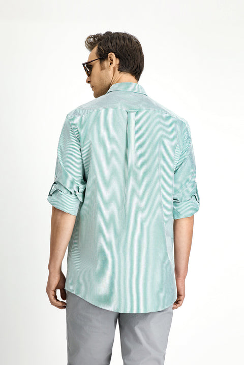 Grass Green Long Sleeve Regular Fit Striped Cotton Easy-Iron Shirt