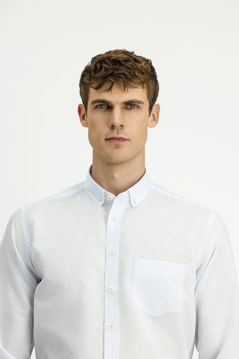 Light Blue Long Sleeve Regular Striped Button-Down Collar Cotton Shirt