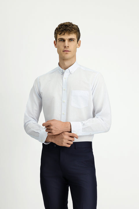 Light Blue Long Sleeve Regular Striped Button-Down Collar Cotton Shirt