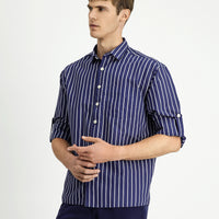 Dark Navy Long Sleeve Oversize Extra Relaxed Fit Cotton Striped Shirt