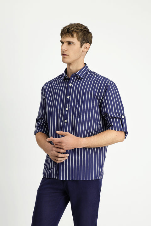 Dark Navy Long Sleeve Oversize Extra Relaxed Fit Cotton Striped Shirt