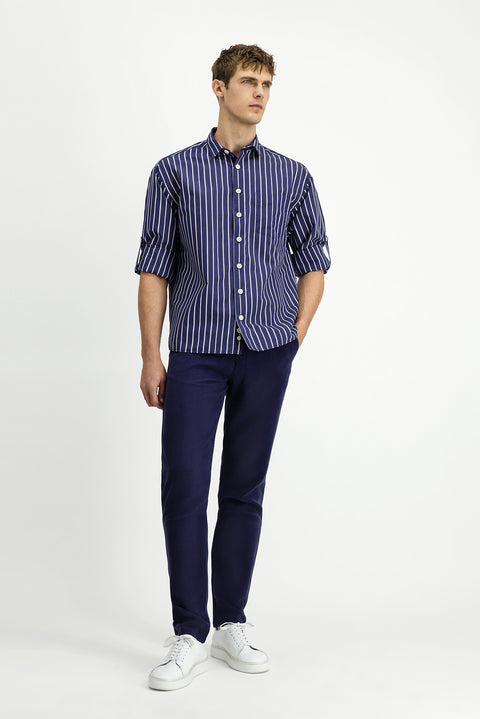 Dark Navy Long Sleeve Oversize Extra Relaxed Fit Cotton Striped Shirt