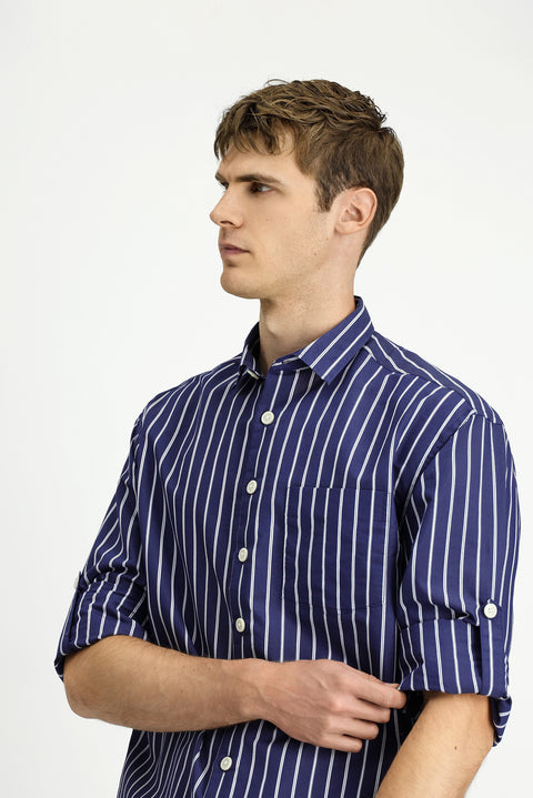Dark Navy Long Sleeve Oversize Extra Relaxed Fit Cotton Striped Shirt