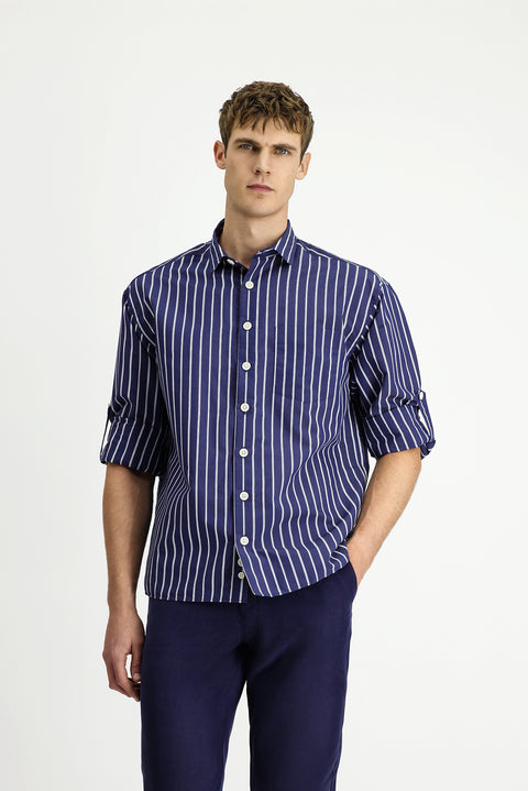 Dark Navy Long Sleeve Oversize Extra Relaxed Fit Cotton Striped Shirt