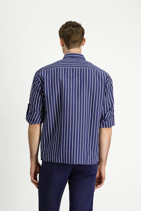 Dark Navy Long Sleeve Oversize Extra Relaxed Fit Cotton Striped Shirt