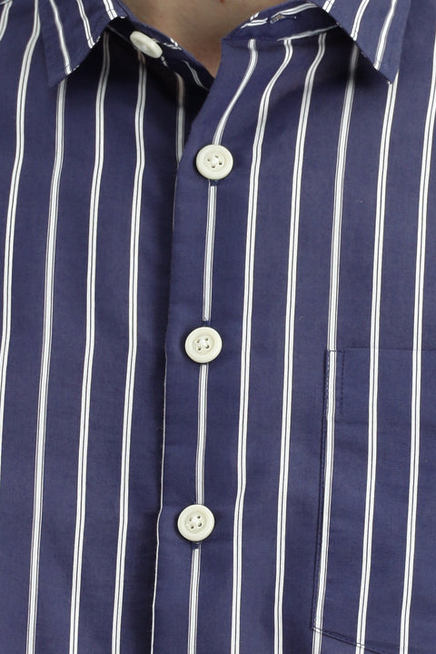 Dark Navy Long Sleeve Oversize Extra Relaxed Fit Cotton Striped Shirt