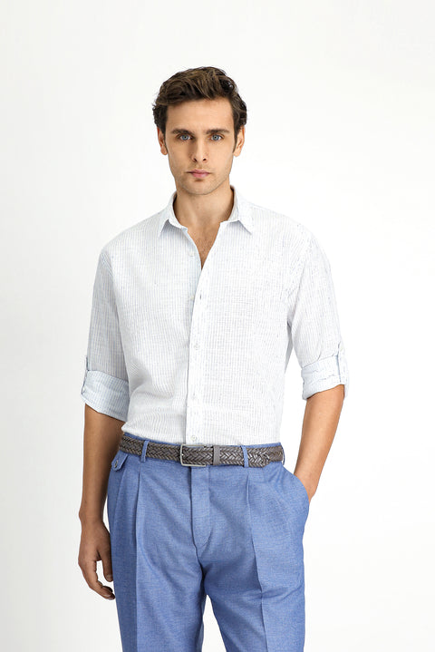 Light Blue Long Sleeve Regular Fit Cotton Sporty Striped Shirt