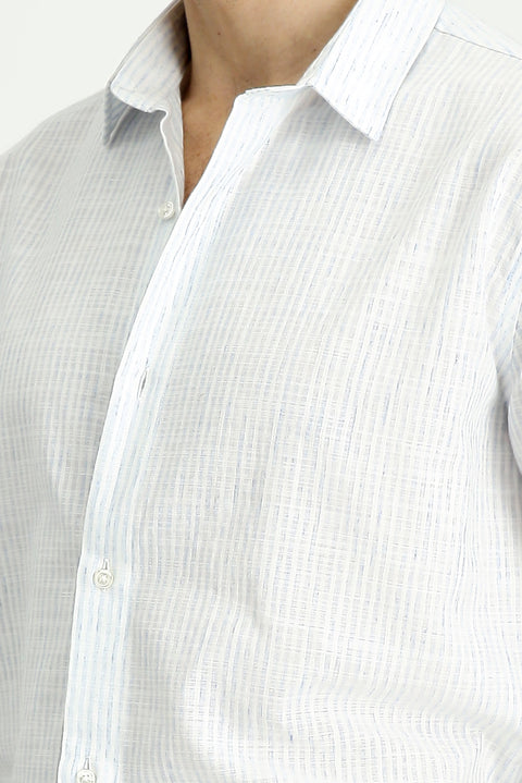 Light Blue Long Sleeve Regular Fit Cotton Sporty Striped Shirt