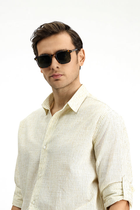 Light Brown Long Sleeve Regular Fit Cotton Sporty Striped Shirt