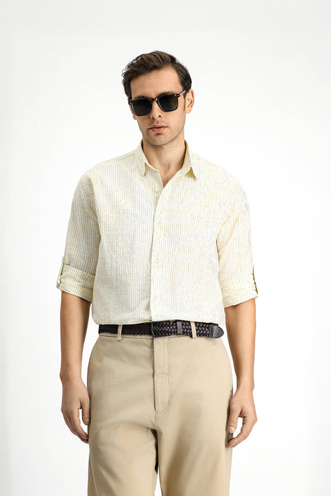 Light Brown Long Sleeve Regular Fit Cotton Sporty Striped Shirt