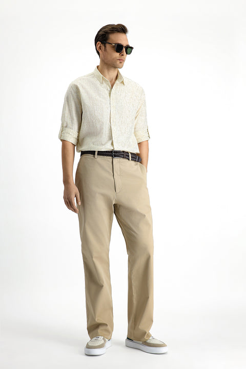 Light Brown Long Sleeve Regular Fit Cotton Sporty Striped Shirt