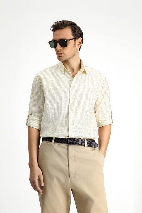 Light Brown Long Sleeve Regular Fit Cotton Sporty Striped Shirt