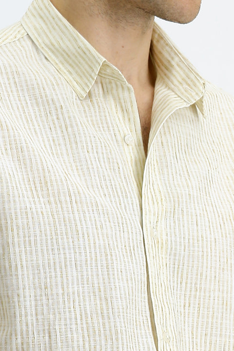 Light Brown Long Sleeve Regular Fit Cotton Sporty Striped Shirt