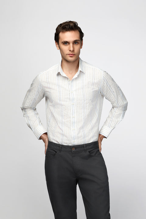 Light Navy Long Sleeve Regular Fit Cotton Sporty Striped Shirt
