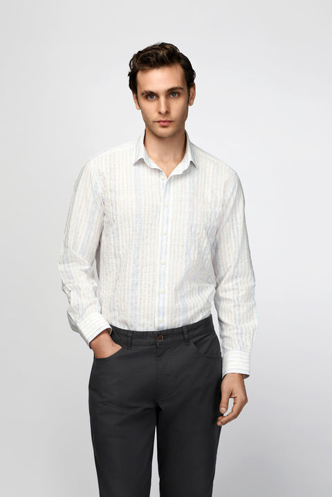 Light Navy Long Sleeve Regular Fit Cotton Sporty Striped Shirt