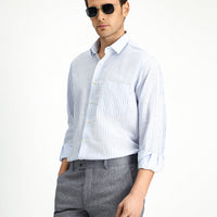 Blue Long Sleeve Regular Fit Cotton Linen Blend Striped Shirt
