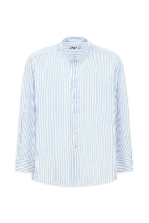Blue Long Sleeve Regular Fit Cotton Linen Blend Striped Shirt