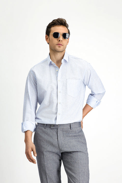 Blue Long Sleeve Regular Fit Cotton Linen Blend Striped Shirt