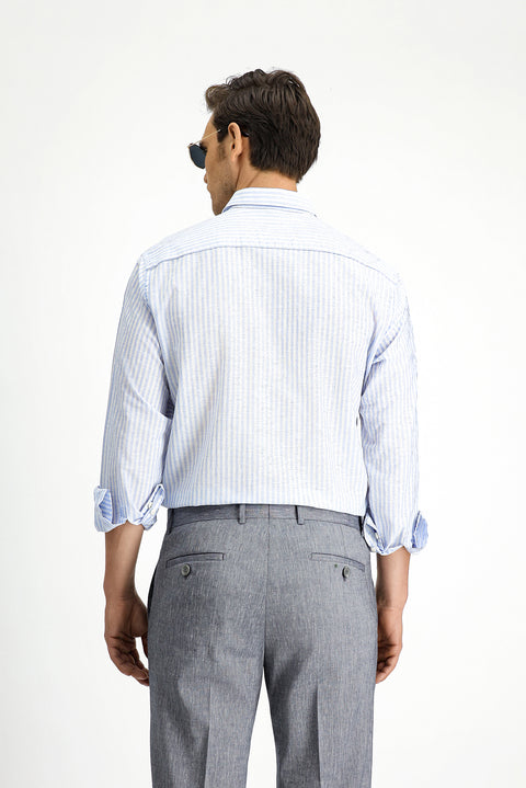 Blue Long Sleeve Regular Fit Cotton Linen Blend Striped Shirt