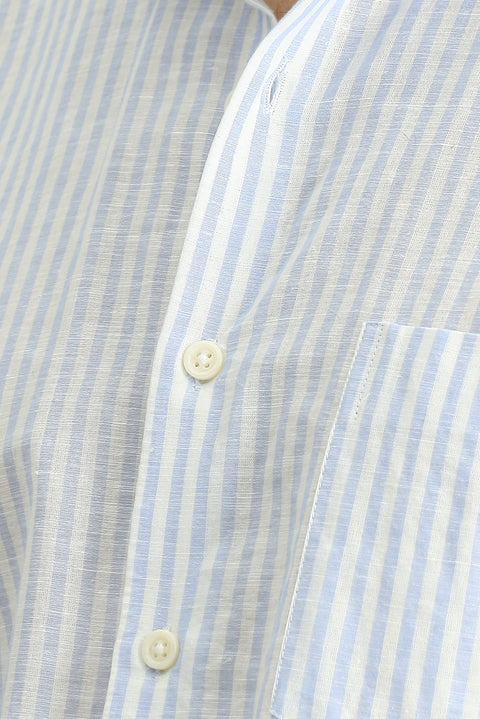 Blue Long Sleeve Regular Fit Cotton Linen Blend Striped Shirt