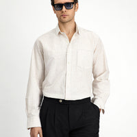 Light Beige Long Sleeve Regular Fit Cotton Linen Blend Striped Shirt