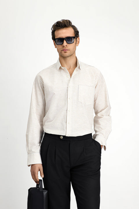 Light Beige Long Sleeve Regular Fit Cotton Linen Blend Striped Shirt