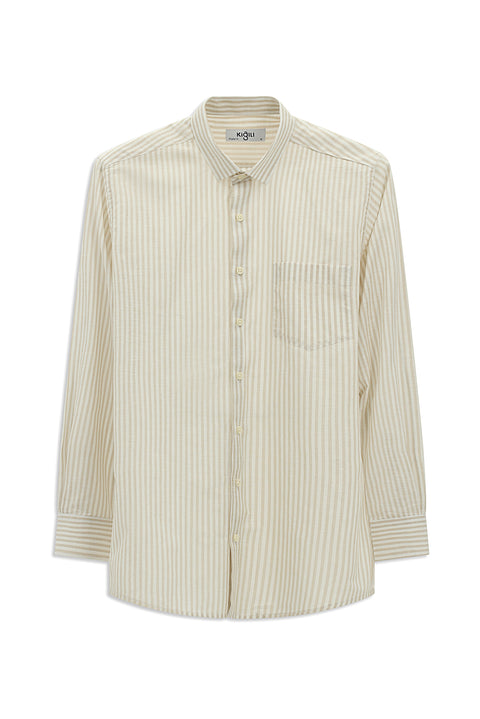 Light Beige Long Sleeve Regular Fit Cotton Linen Blend Striped Shirt