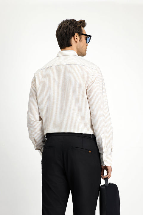 Light Beige Long Sleeve Regular Fit Cotton Linen Blend Striped Shirt