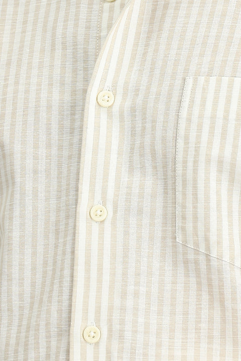 Light Beige Long Sleeve Regular Fit Cotton Linen Blend Striped Shirt