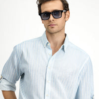 Light Blue Long Sleeve Regular Fit Button-Down Collar Cotton Linen Blend Striped Shirt