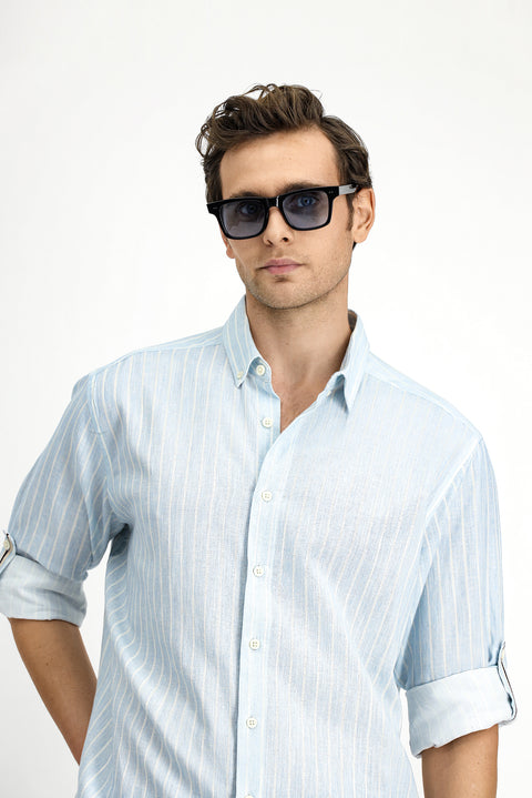 Light Blue Long Sleeve Regular Fit Button-Down Collar Cotton Linen Blend Striped Shirt