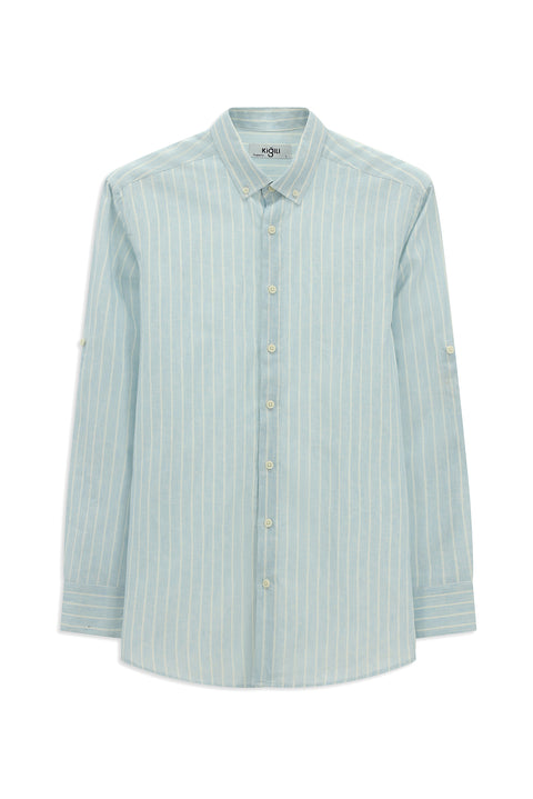 Light Blue Long Sleeve Regular Fit Button-Down Collar Cotton Linen Blend Striped Shirt