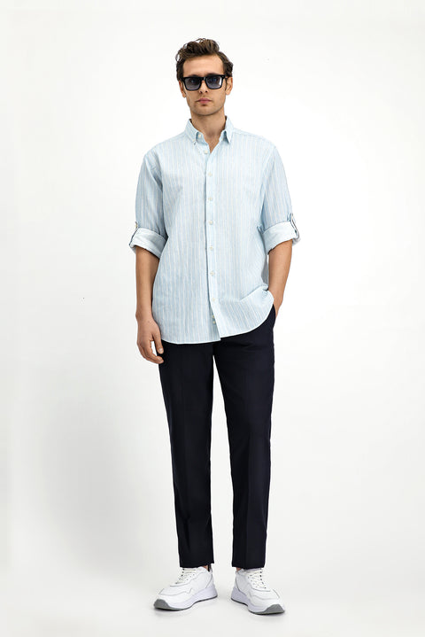 Light Blue Long Sleeve Regular Fit Button-Down Collar Cotton Linen Blend Striped Shirt