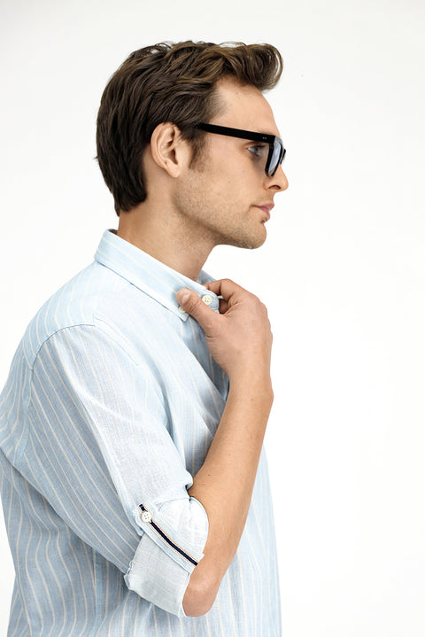 Light Blue Long Sleeve Regular Fit Button-Down Collar Cotton Linen Blend Striped Shirt