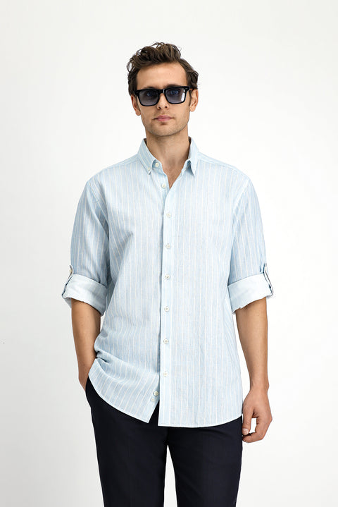 Light Blue Long Sleeve Regular Fit Button-Down Collar Cotton Linen Blend Striped Shirt