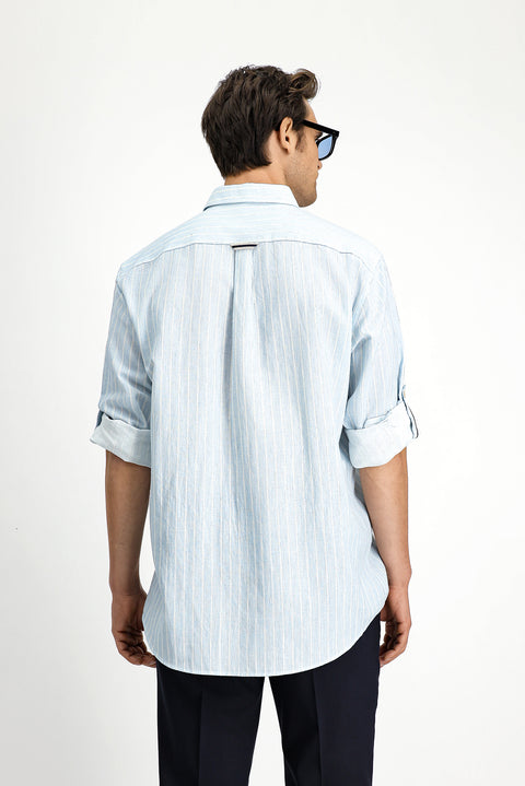 Light Blue Long Sleeve Regular Fit Button-Down Collar Cotton Linen Blend Striped Shirt