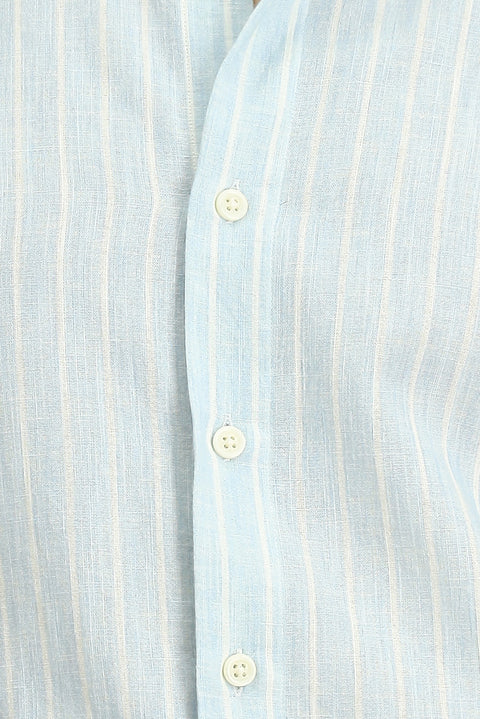 Light Blue Long Sleeve Regular Fit Button-Down Collar Cotton Linen Blend Striped Shirt