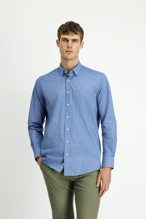 Medium Gray Long Sleeve Regular Fit Plaid Cotton Easy-Iron Shirt