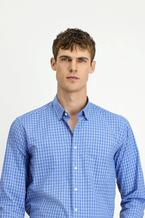 Blue Long Sleeve Regular Fit Plaid Cotton Easy-Iron Shirt