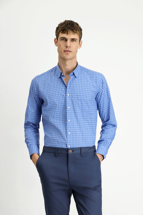 Blue Long Sleeve Regular Fit Plaid Cotton Easy-Iron Shirt