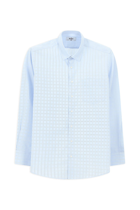 Light Blue Long Sleeve Regular Fit Plaid Cotton Easy-Iron Shirt