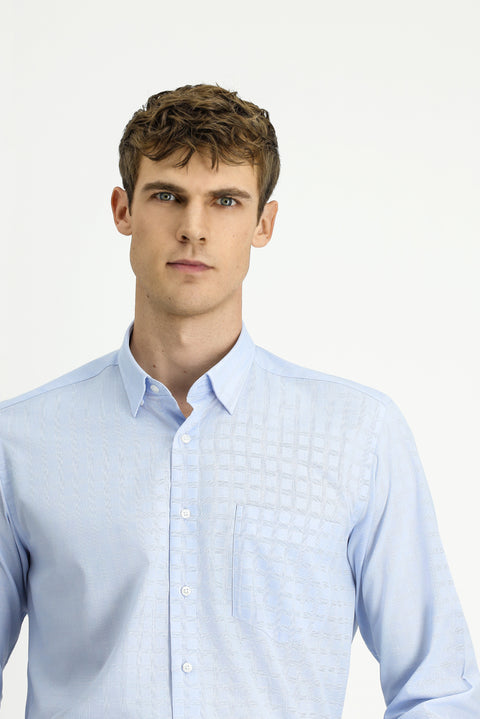 Light Blue Long Sleeve Regular Fit Plaid Cotton Easy-Iron Shirt