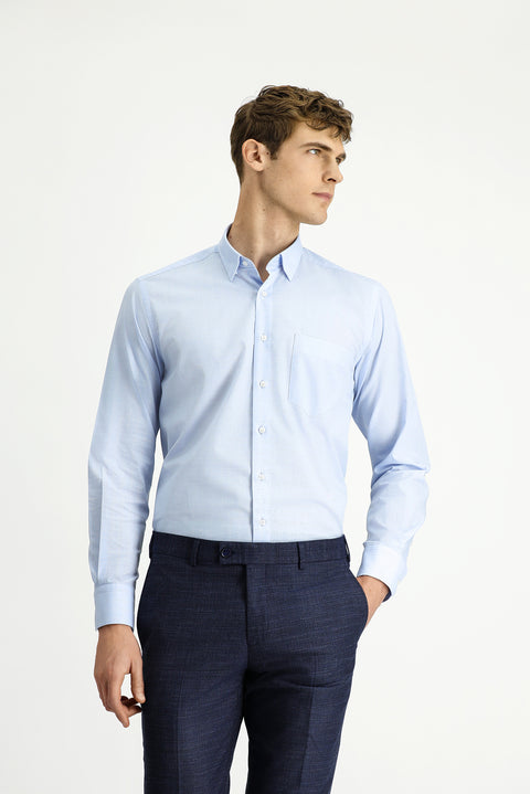 Light Blue Long Sleeve Regular Fit Plaid Cotton Easy-Iron Shirt