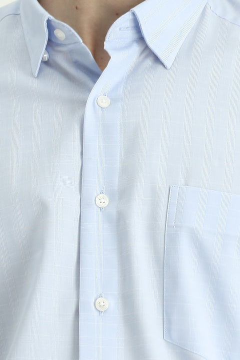 Light Blue Long Sleeve Regular Fit Plaid Cotton Easy-Iron Shirt