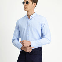 Mavi Uzun Kol Slim Fit Dar Kesim Pamuklu Keten Düğmeli Yaka Gömlek
