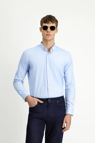  Mavi Uzun Kol Slim Fit Dar Kesim Pamuklu Keten Düğmeli Yaka Gömlek