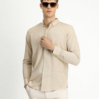 Medium Brown Long Sleeve Slim Fit Narrow Cut Cotton Linen Button-Down Collar Shirt