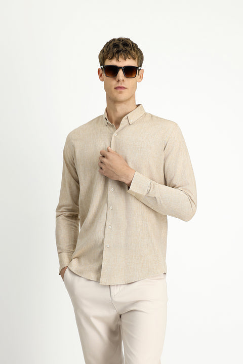 Medium Brown Long Sleeve Slim Fit Narrow Cut Cotton Linen Button-Down Collar Shirt