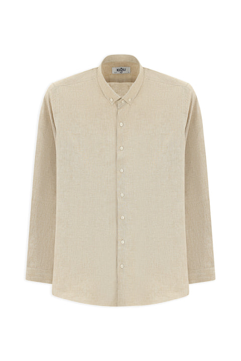 Medium Brown Long Sleeve Slim Fit Narrow Cut Cotton Linen Button-Down Collar Shirt
